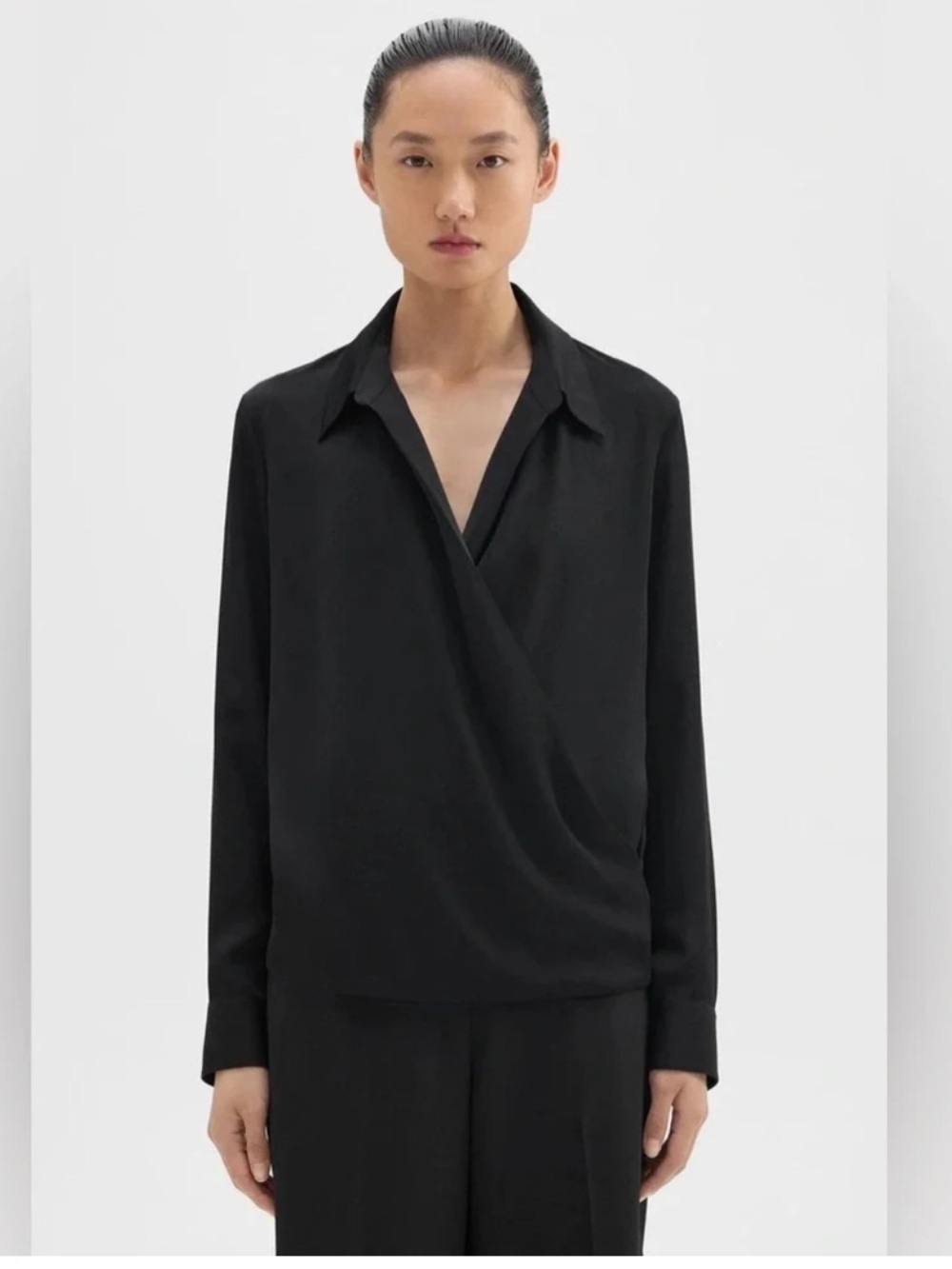 Theory Long Sleeve Silk Wrap Blouse in Black NEW